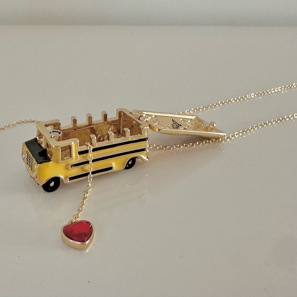 Betsey Johnson BACK TO SCHOOL Gold Tone Yellow Bus Heart Locket Long Nec… - Picture 12 of 14